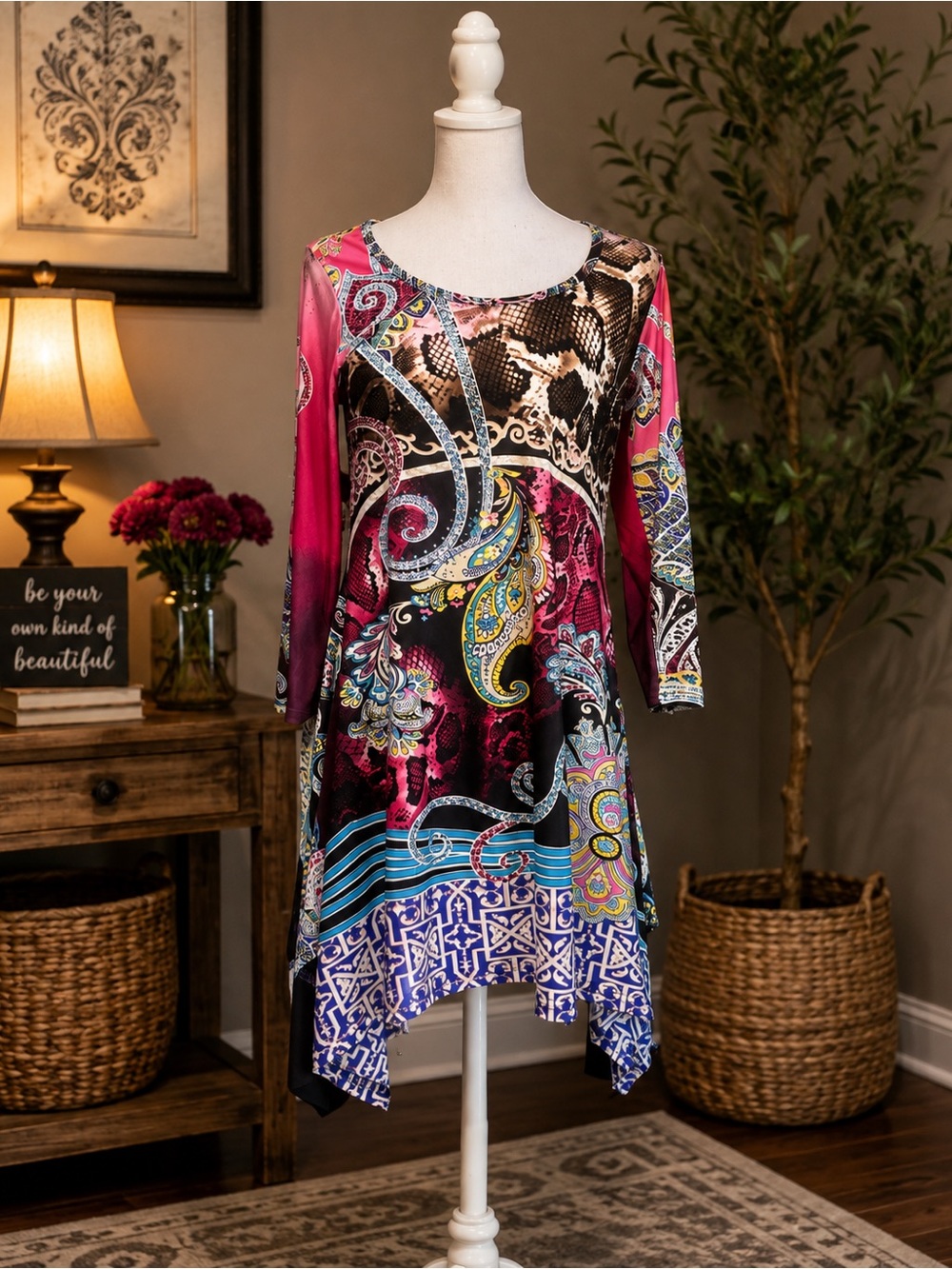 Pink Paisley Patchwork Handkerchief-Hem Tunic